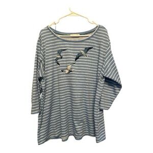 Cactus + Pearl Striped Blue Tunic with Embroidered Seagull Design - XXL